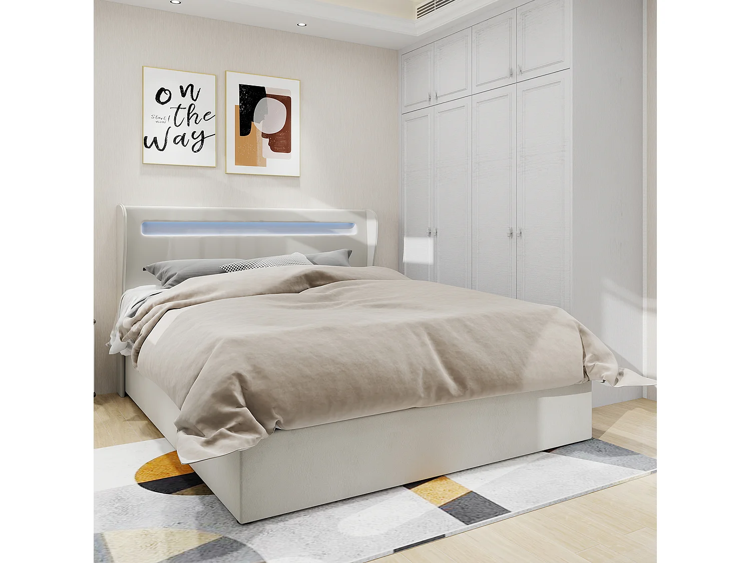 Cama com arrumação 160 x 200 cm - Cama de adulto com iluminação LED e base - veludo bege - colchão não incluído