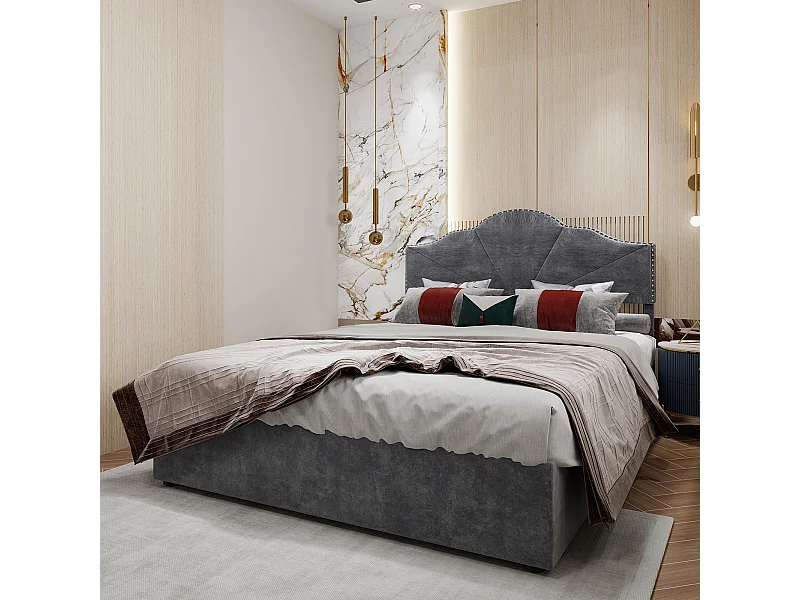 Cama con canapé 160 x 200 cm - Cama doble con cabecero suave y canapé - terciopelo gris - colchón no incluido