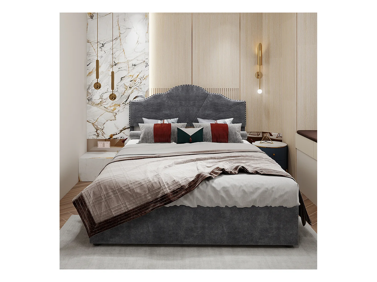 Lit coffre 160 x 200 cm - Lit double avec tête de lit moelleuse et rangement - velours gris - matelas non inclus