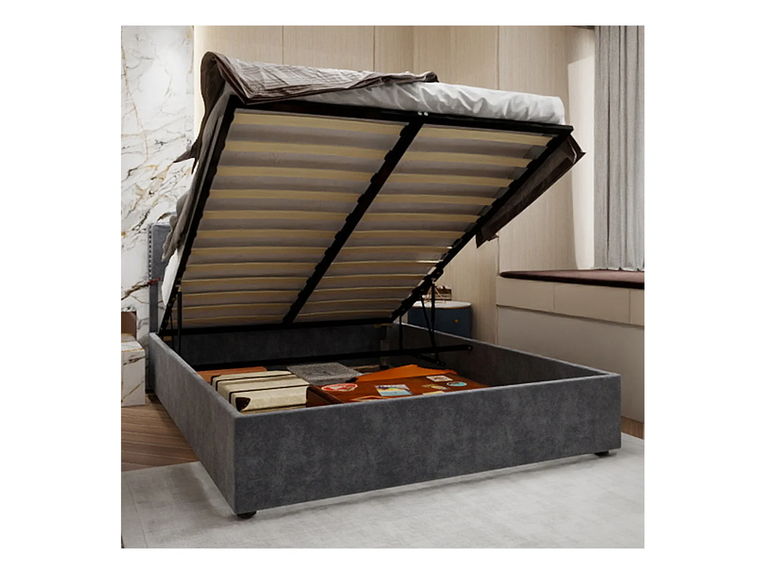 Lit coffre 160 x 200 cm - Lit double avec tête de lit moelleuse et rangement - velours gris - matelas non inclus