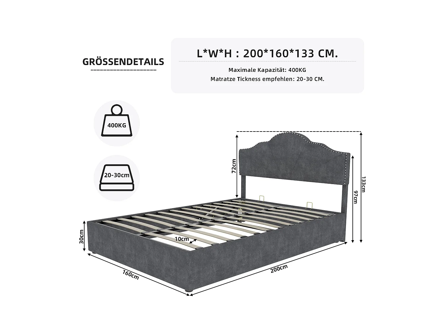Lit coffre 160 x 200 cm - Lit double avec tête de lit moelleuse et rangement - velours gris - matelas non inclus