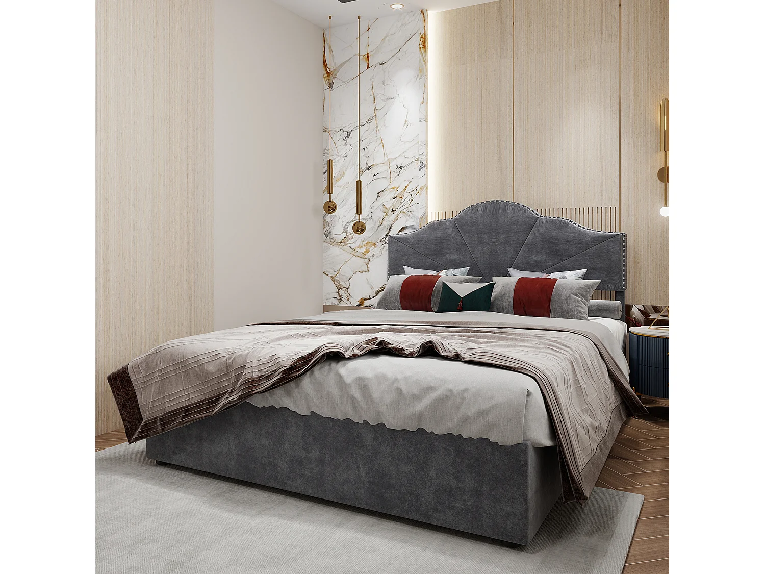 Cama con canapé 160 x 200 cm - Cama doble con cabecero suave y canapé - terciopelo gris - colchón no incluido