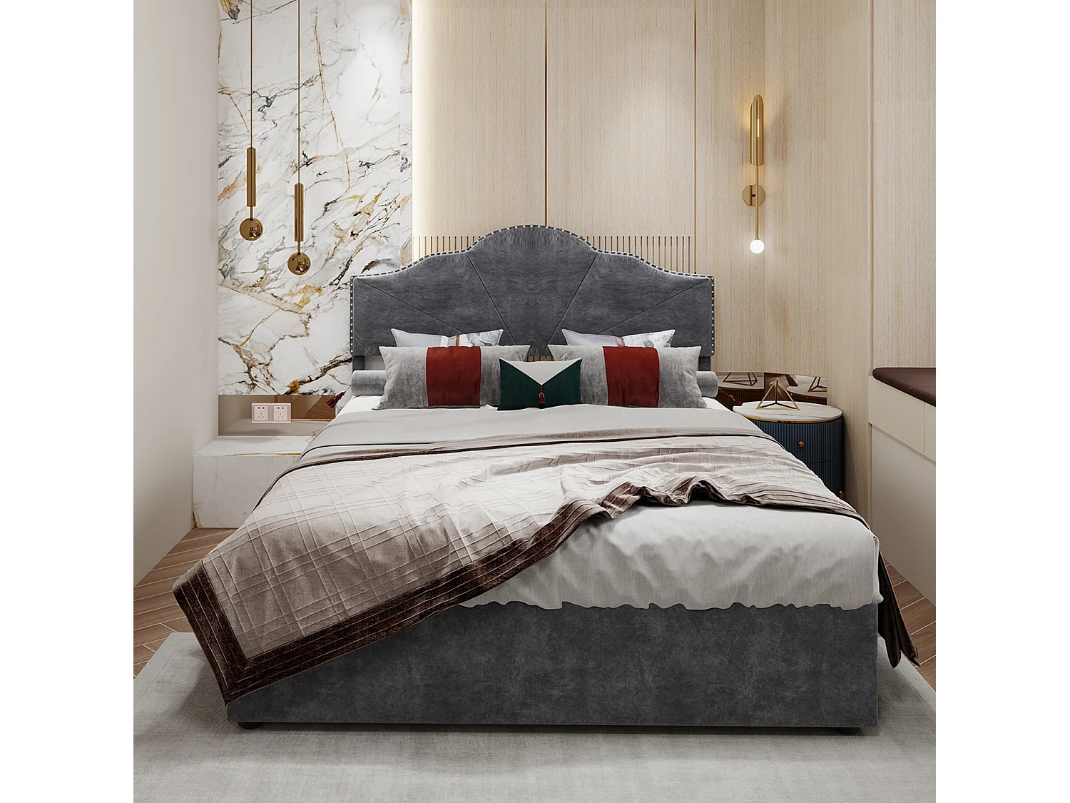 Cama con canapé 160 x 200 cm - Cama doble con cabecero suave y canapé - terciopelo gris - colchón no incluido