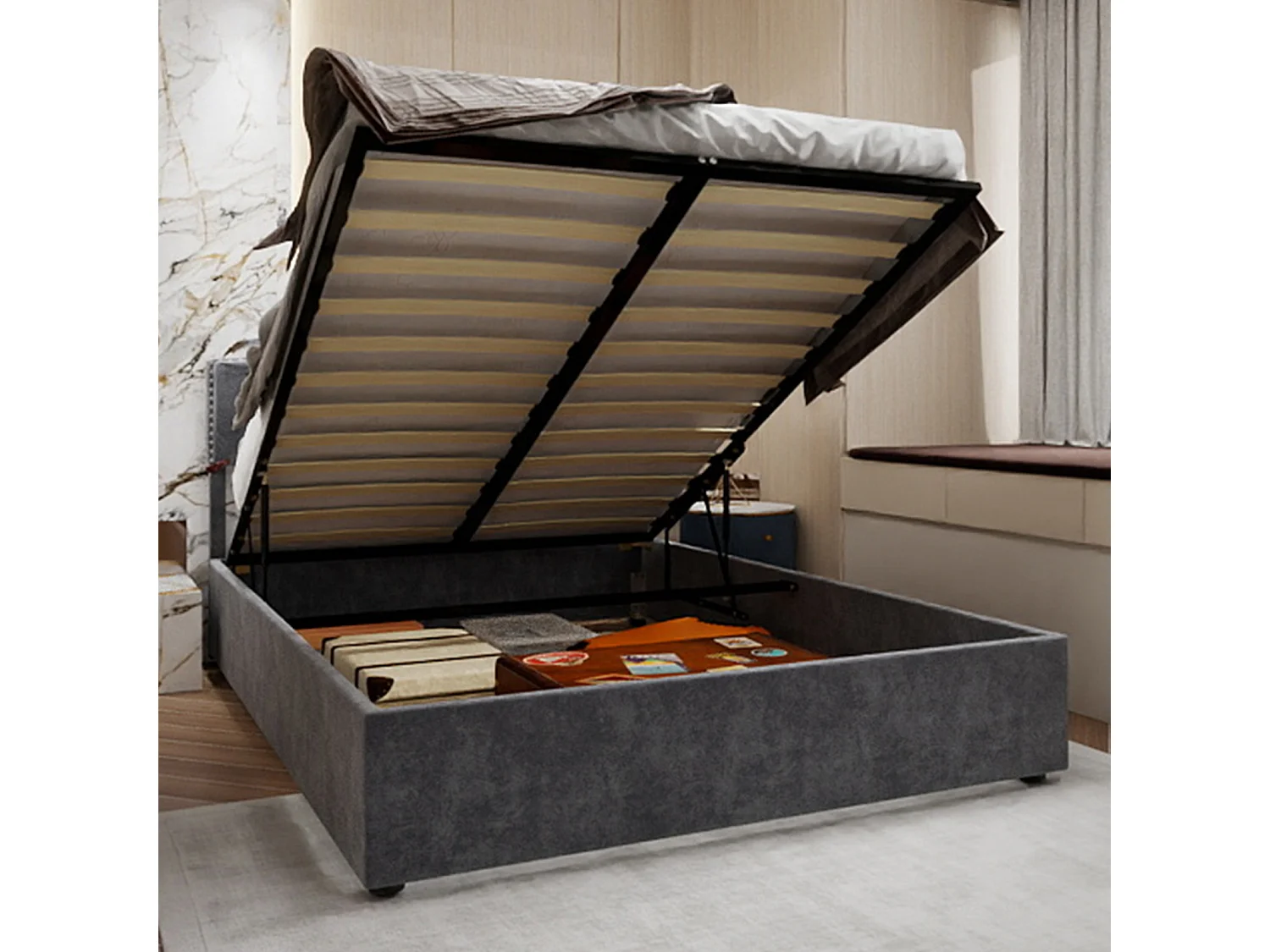 Cama con canapé 160 x 200 cm - Cama doble con cabecero suave y canapé - terciopelo gris - colchón no incluido