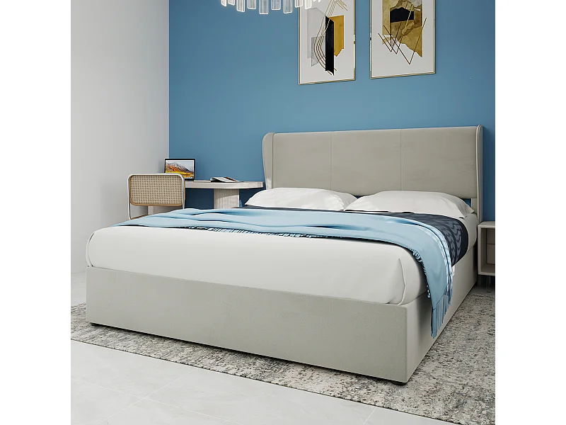 Lit coffre 160 x 200 cm - Lit adulte avec vérin et tête de lit moelleuse - velours beige - matelas non inclus