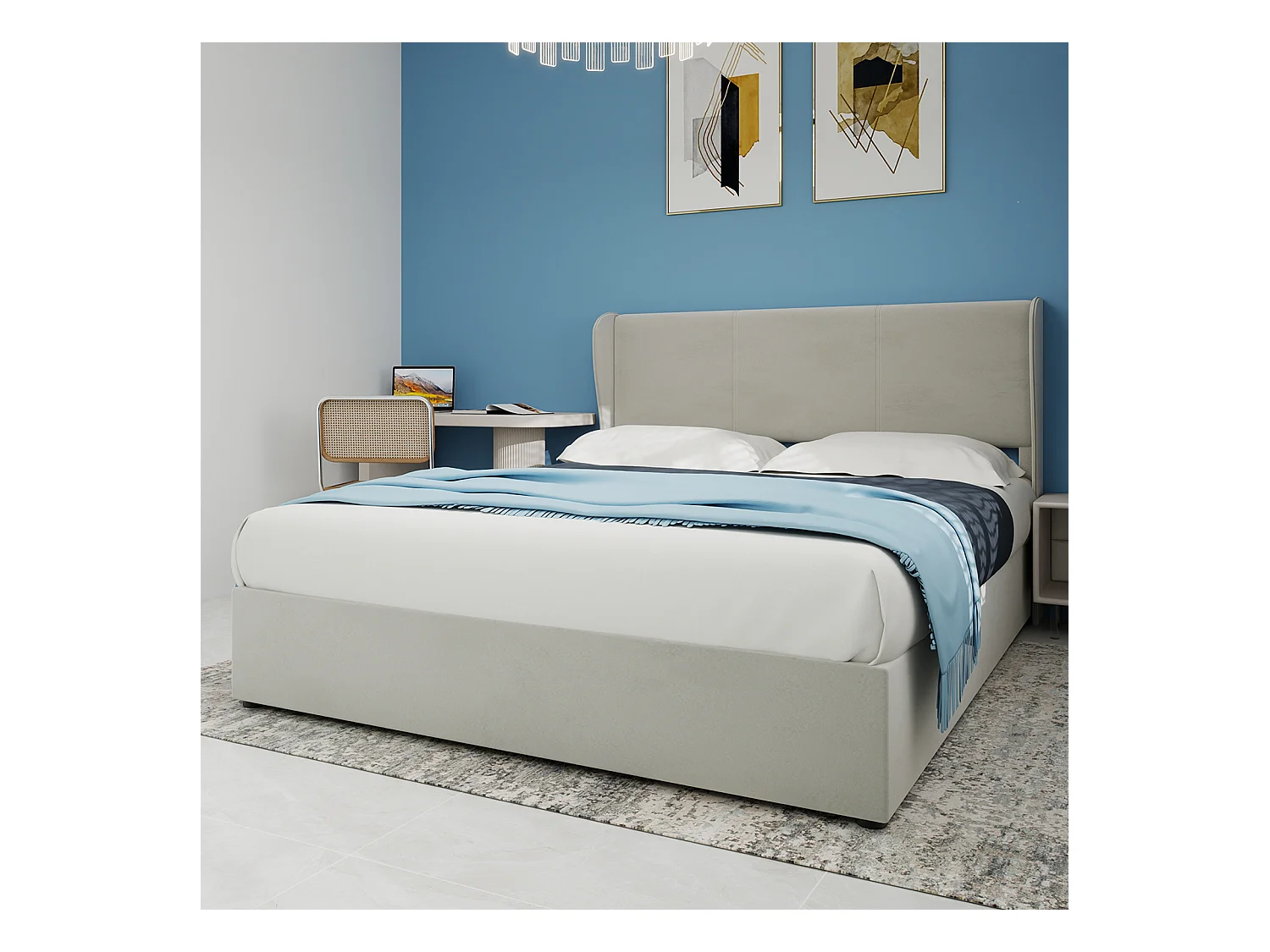 Lit coffre 160 x 200 cm - Lit adulte avec vérin et tête de lit moelleuse - velours beige - matelas non inclus