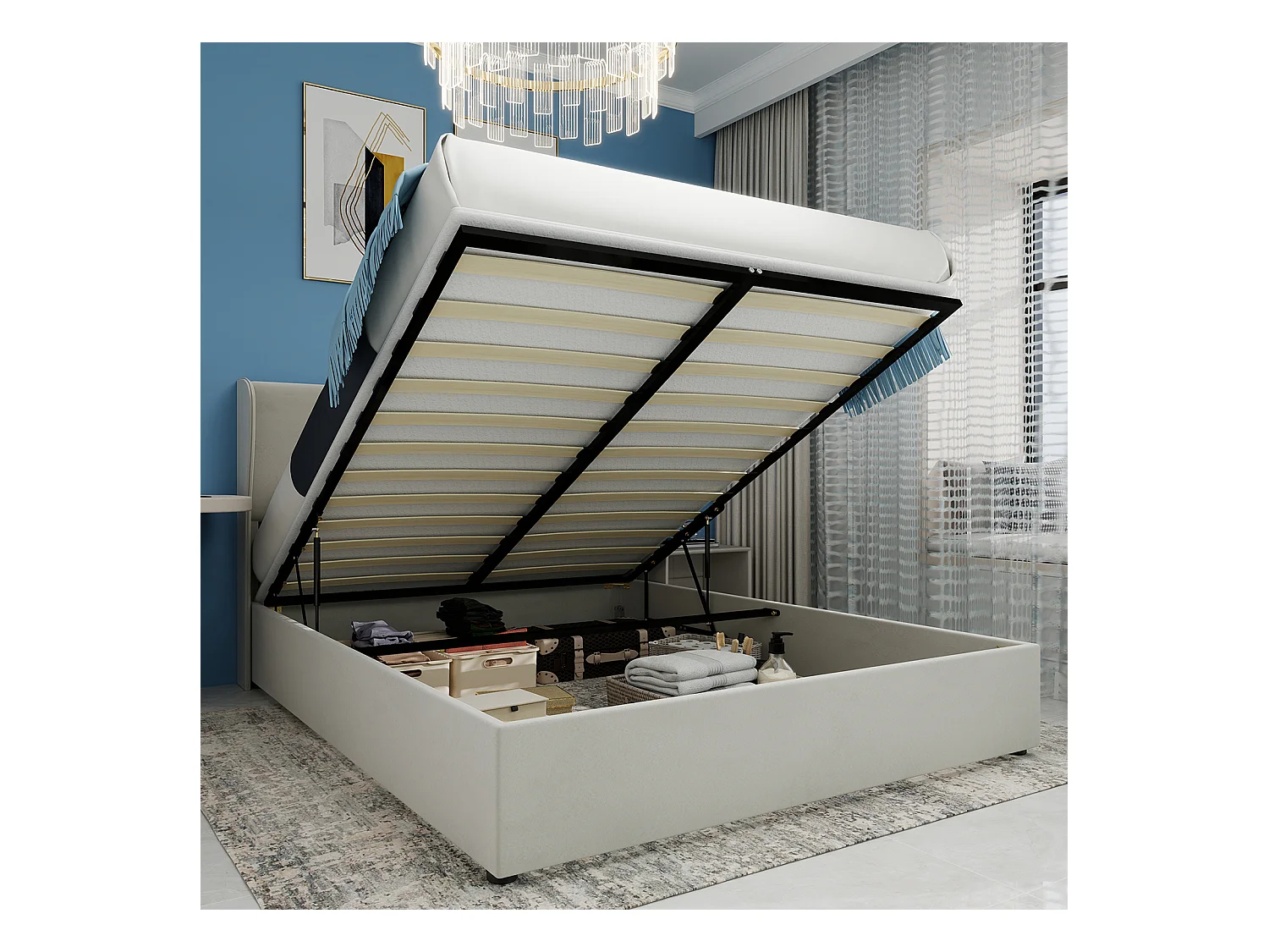 Lit coffre 160 x 200 cm - Lit adulte avec vérin et tête de lit moelleuse - velours beige - matelas non inclus