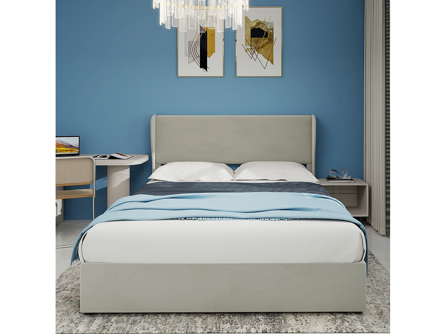 Lit coffre 160 x 200 cm - Lit adulte avec vérin et tête de lit moelleuse - velours beige - matelas non inclus