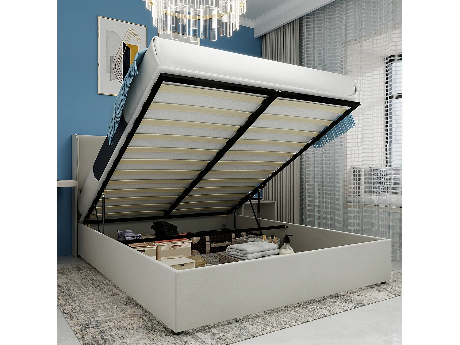 Lit coffre 160 x 200 cm - Lit adulte avec vérin et tête de lit moelleuse - velours beige - matelas non inclus