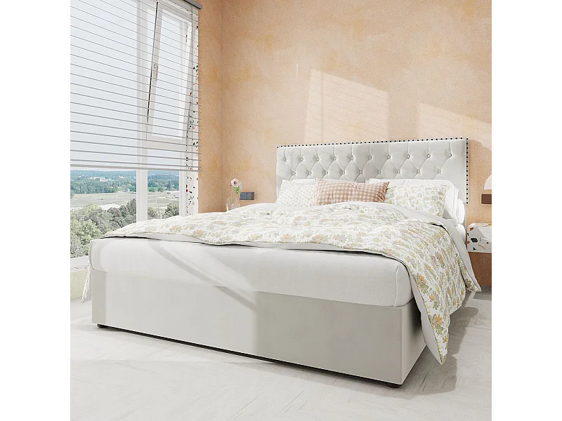 Lit coffre 140 x 200 cm - Lit double avec tête de lit moelleuse et rangement - velours beige - matelas non inclus
