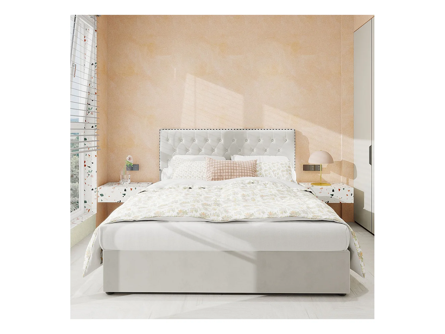 Lit coffre 140 x 200 cm - Lit double avec tête de lit moelleuse et rangement - velours beige - matelas non inclus
