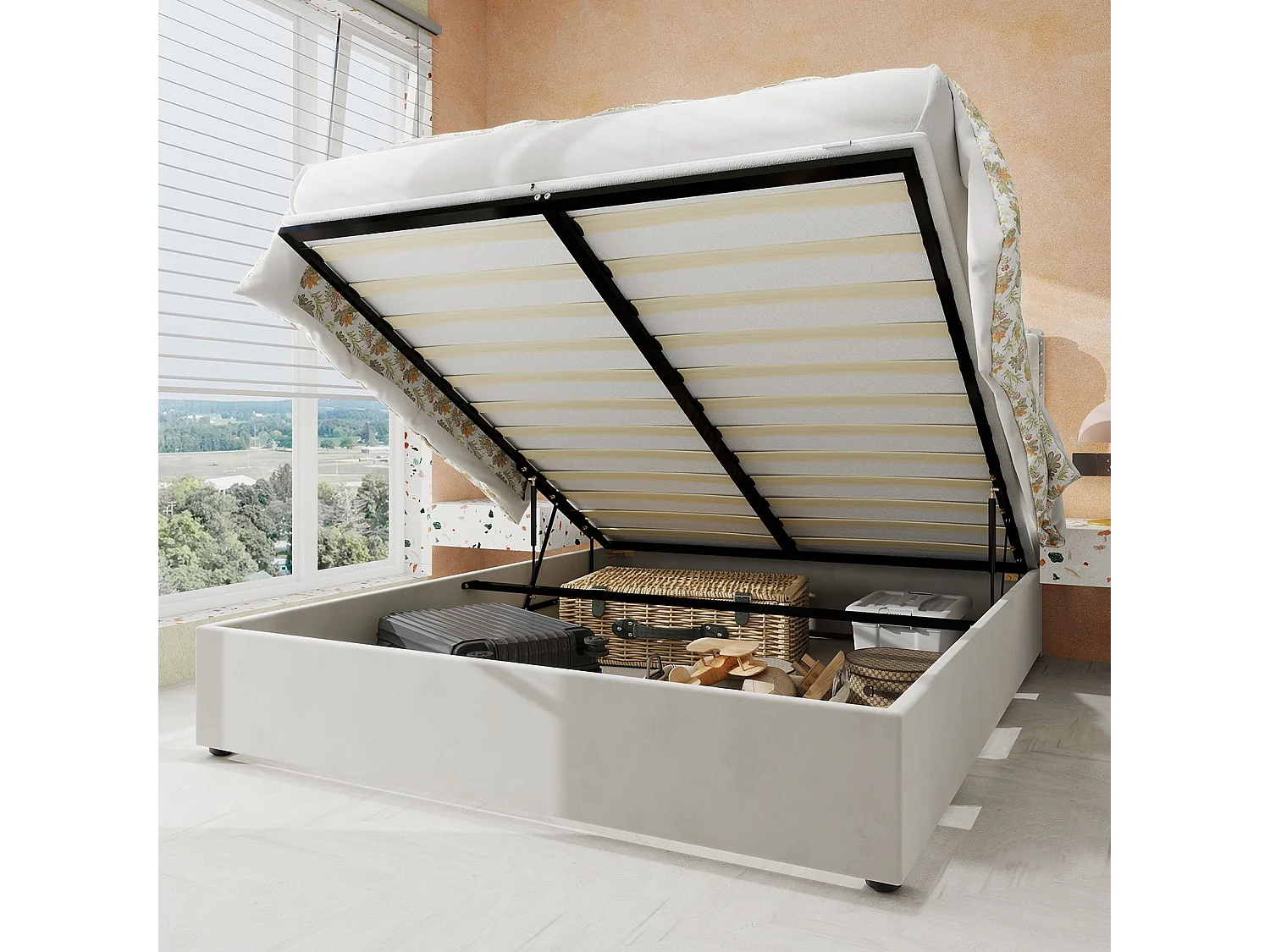 Lit coffre 140 x 200 cm - Lit double avec tête de lit moelleuse et rangement - velours beige - matelas non inclus