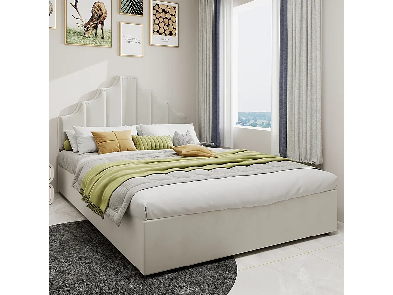 Cama com arrumação 160 x 200 cm - Cama de adulto com cabeceira macia e arrumação - veludo holandês bege - colchão não incluído