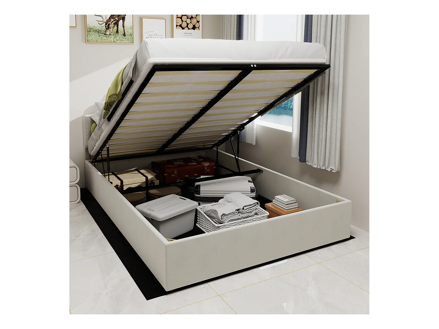 Lit coffre 160 x 200 cm - Lit adulte avec tête de lit moelleuse et rangement - velours hollandais beige - matelas non inclus