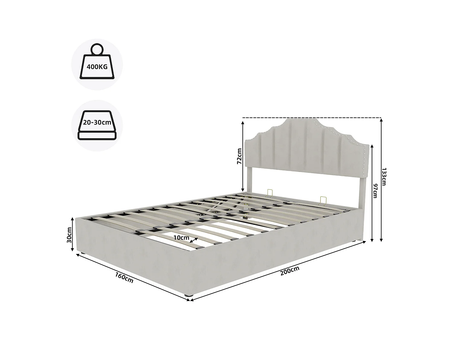 Lit coffre 160 x 200 cm - Lit adulte avec tête de lit moelleuse et rangement - velours hollandais beige - matelas non inclus