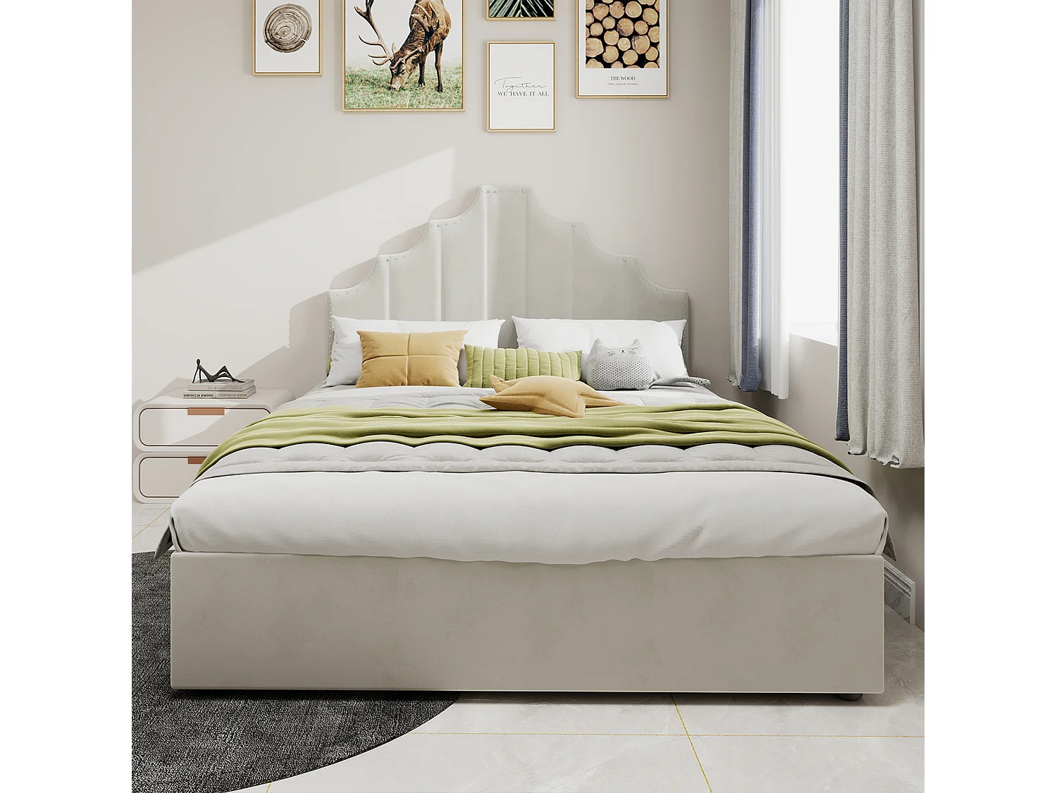 Cama con canapé 160 x 200 cm - Cama para adultos con cabecero suave y espacio de almacenaje - terciopelo holandés beige - C=colchón no incluido