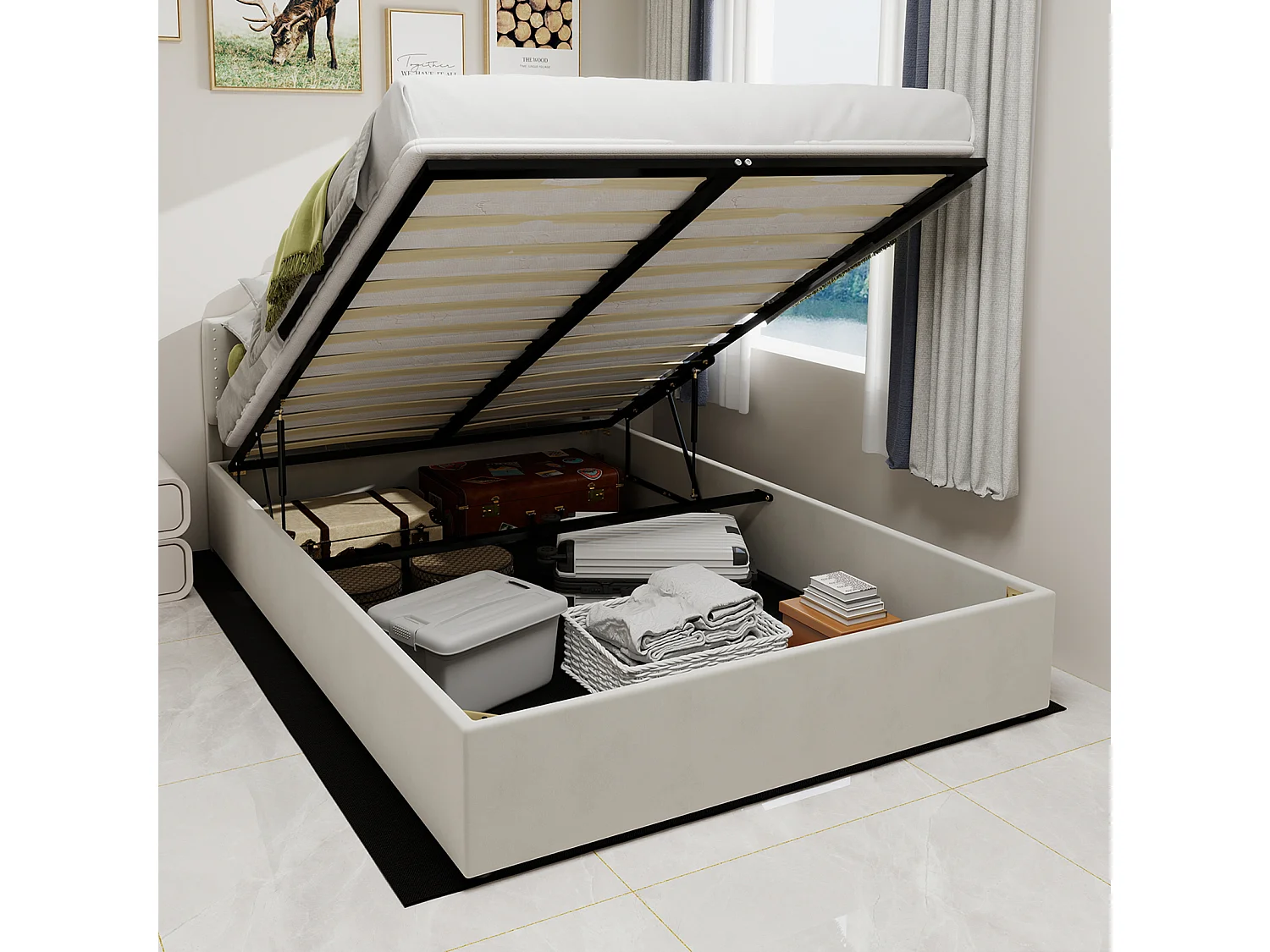 Cama con canapé 160 x 200 cm - Cama para adultos con cabecero suave y espacio de almacenaje - terciopelo holandés beige - C=colchón no incluido