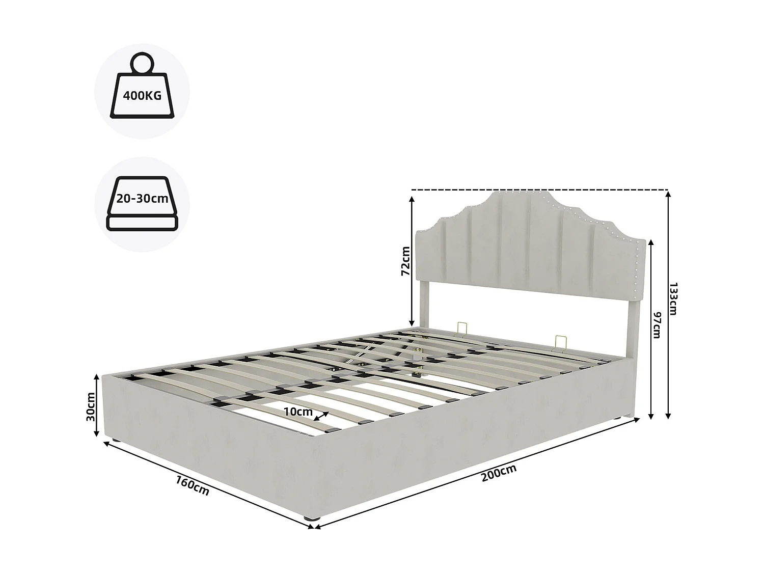 Cama con canapé 160 x 200 cm - Cama para adultos con cabecero suave y espacio de almacenaje - terciopelo holandés beige - C=colchón no incluido