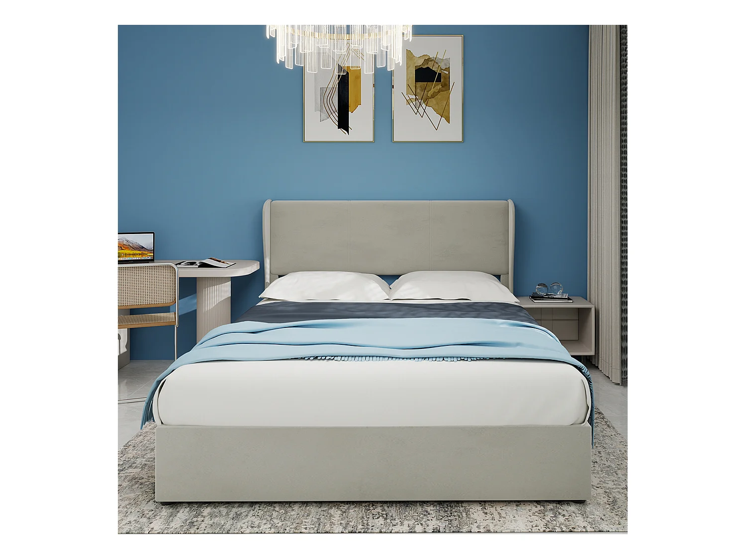 Lit coffre 140 x 200 cm - Lit adulte avec vérin et tête de lit moelleuse - velours beige - matelas non inclus