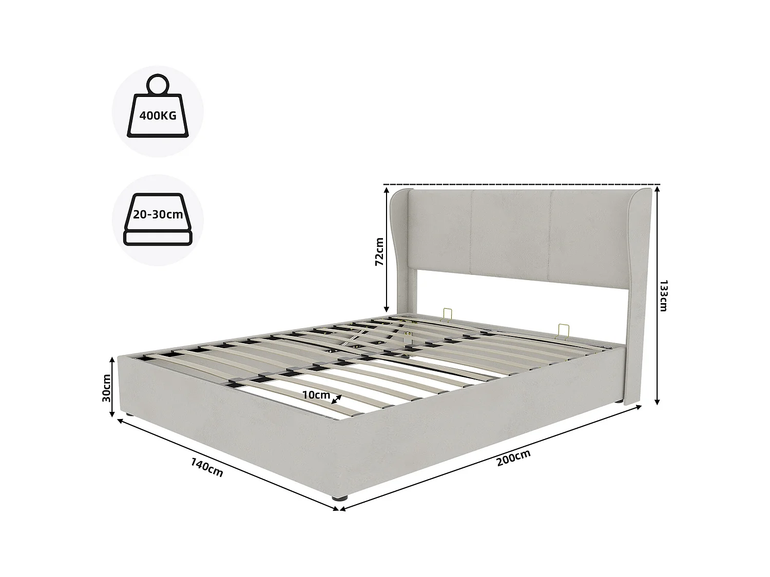 Lit coffre 140 x 200 cm - Lit adulte avec vérin et tête de lit moelleuse - velours beige - matelas non inclus
