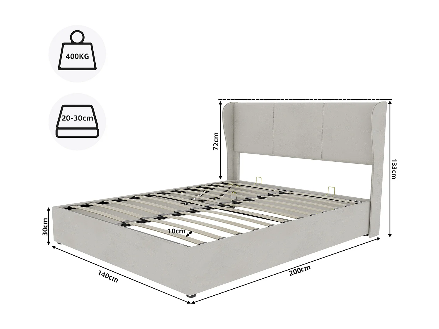 Lit coffre 140 x 200 cm - Lit adulte avec vérin et tête de lit moelleuse - velours beige - matelas non inclus