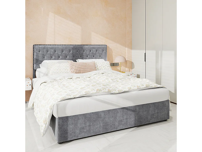 Stauraumbett 140 x 200 cm – Doppelbett mit weichem Kopfteil und Stauraum – grauer Samt – Matratze nicht enthalten