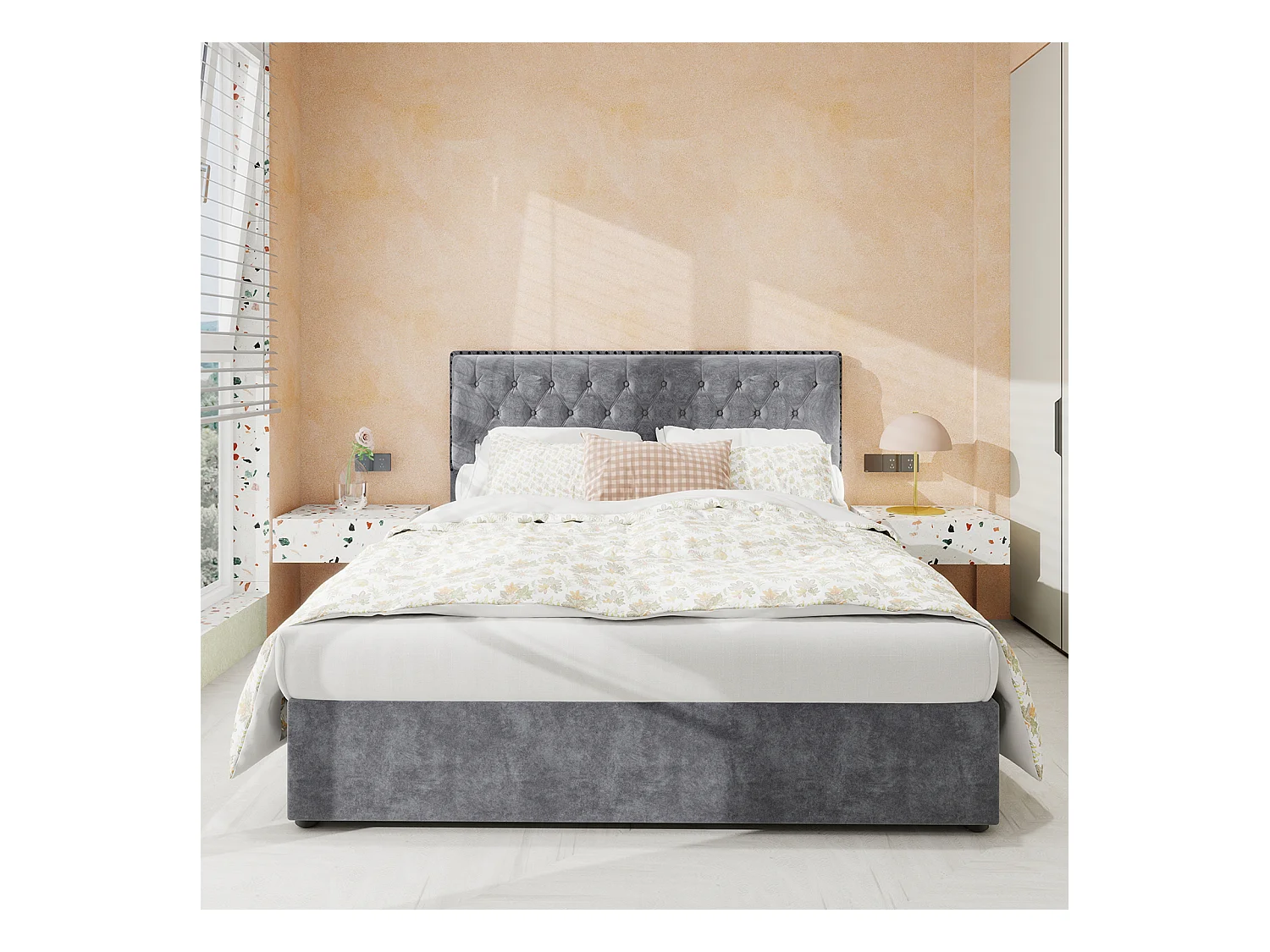 Lit coffre 140 x 200 cm - Lit double avec tête de lit moelleuse et rangement - velours gris - matelas non inclus