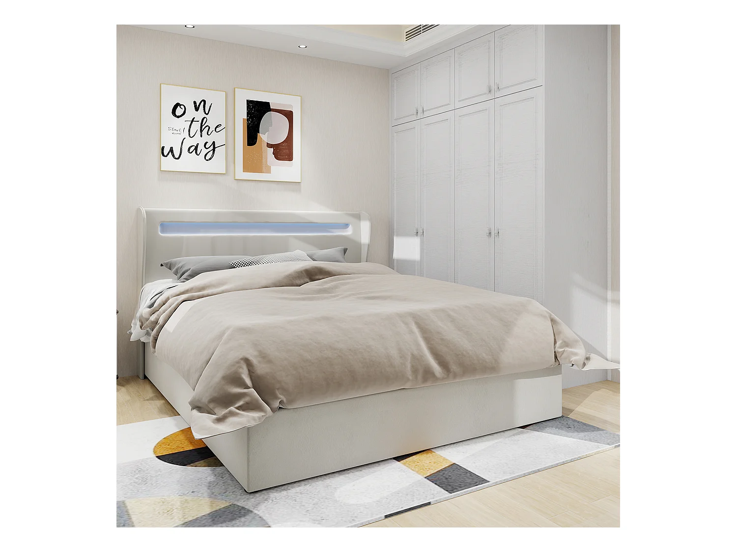 Cama com arrumação 140 x 200 cm - Cama de adulto com iluminação LED e base - veludo bege - colchão não incluído