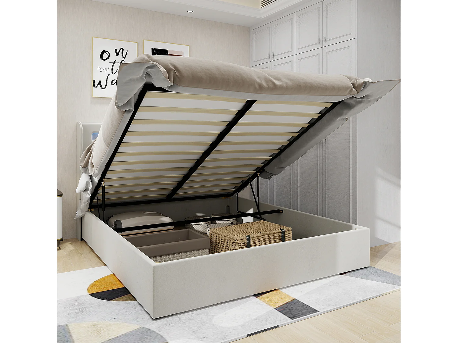 Lit coffre 140 x 200 cm - Lit adulte avec éclairage LED et sommier - velours beige - matelas non inclus