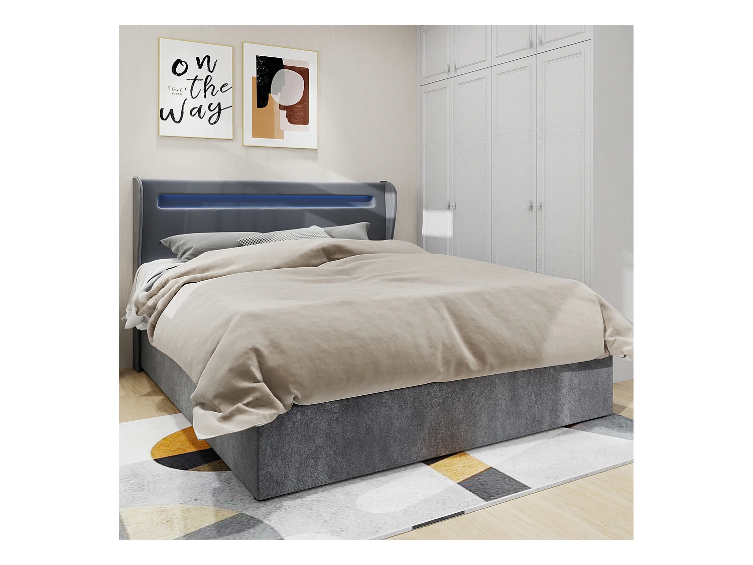 Lit coffre 140 x 200 cm - Lit adulte avec éclairage LED et sommier - velours gris - matelas non inclus