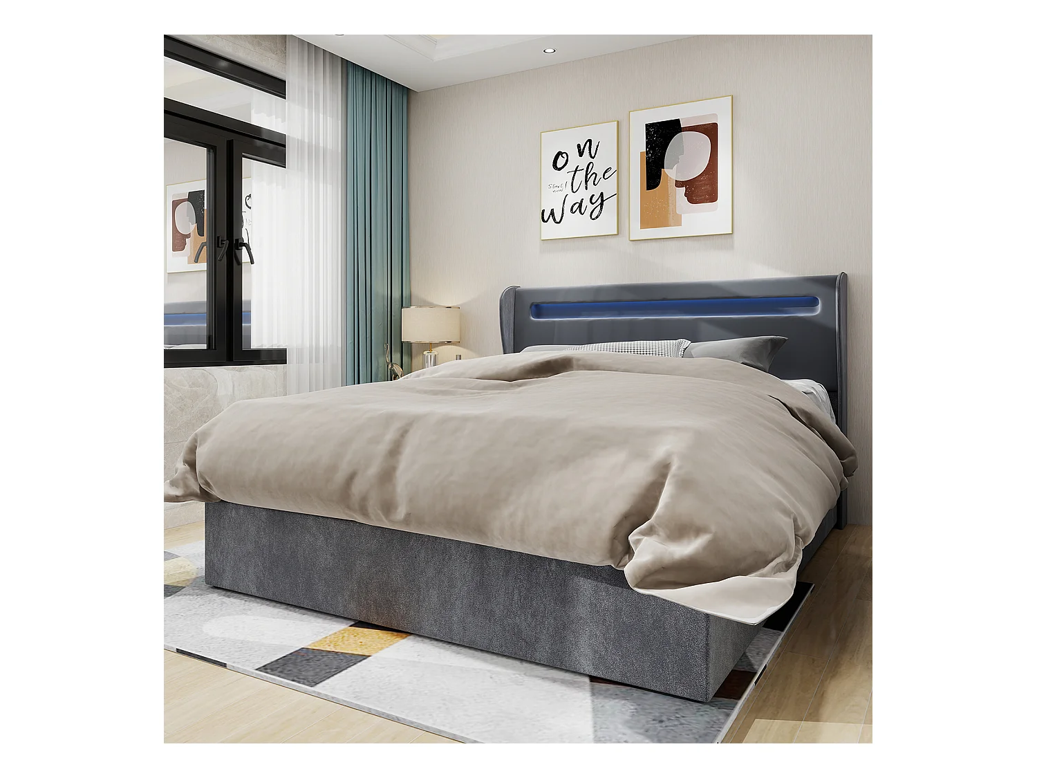 Opbergbed 140 x 200 cm - Volwassen bed met LED-verlichting en bedbodem - grijs fluweel - matras niet inbegrepen