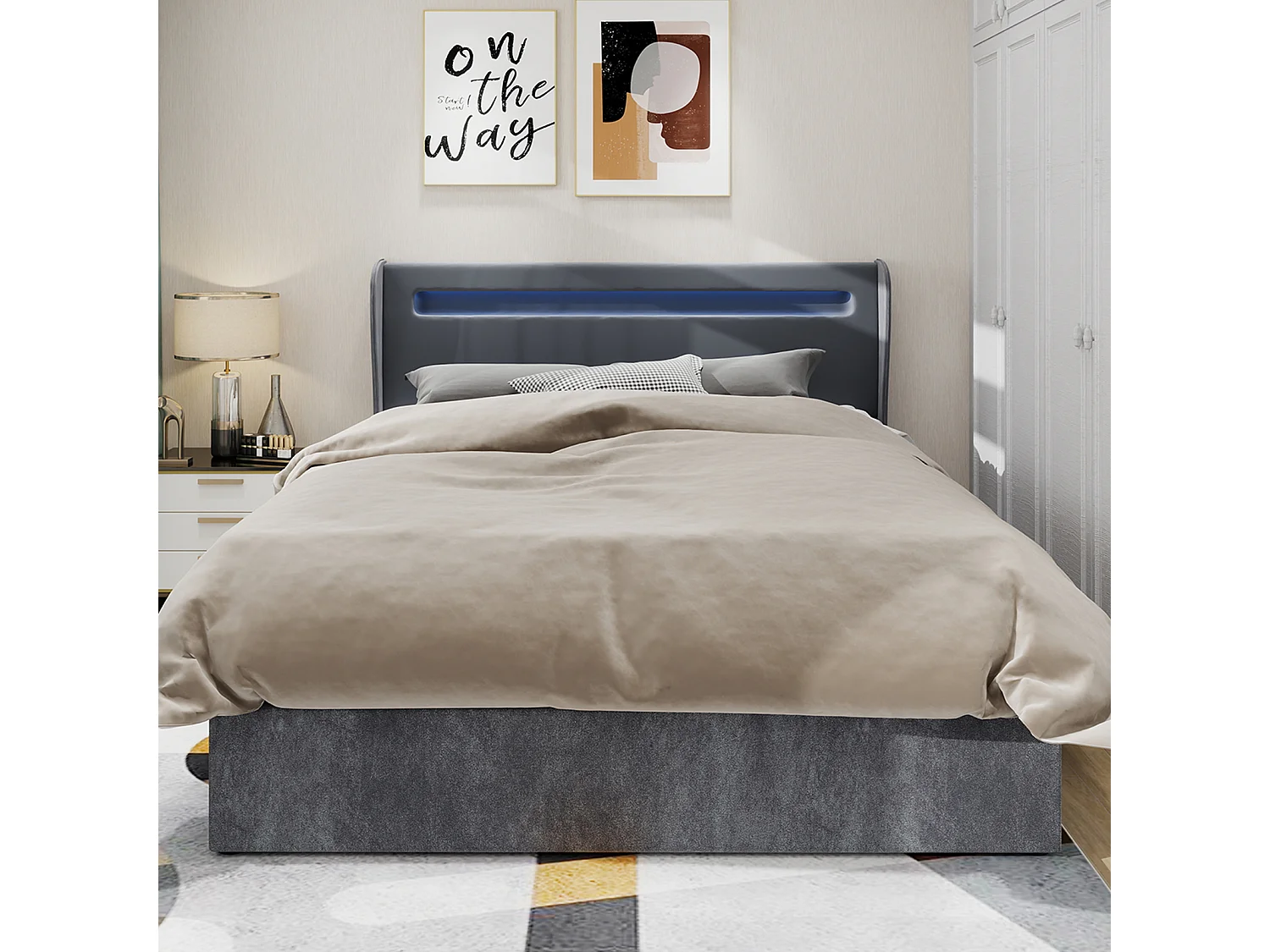 Lit coffre 140 x 200 cm - Lit adulte avec éclairage LED et sommier - velours gris - matelas non inclus