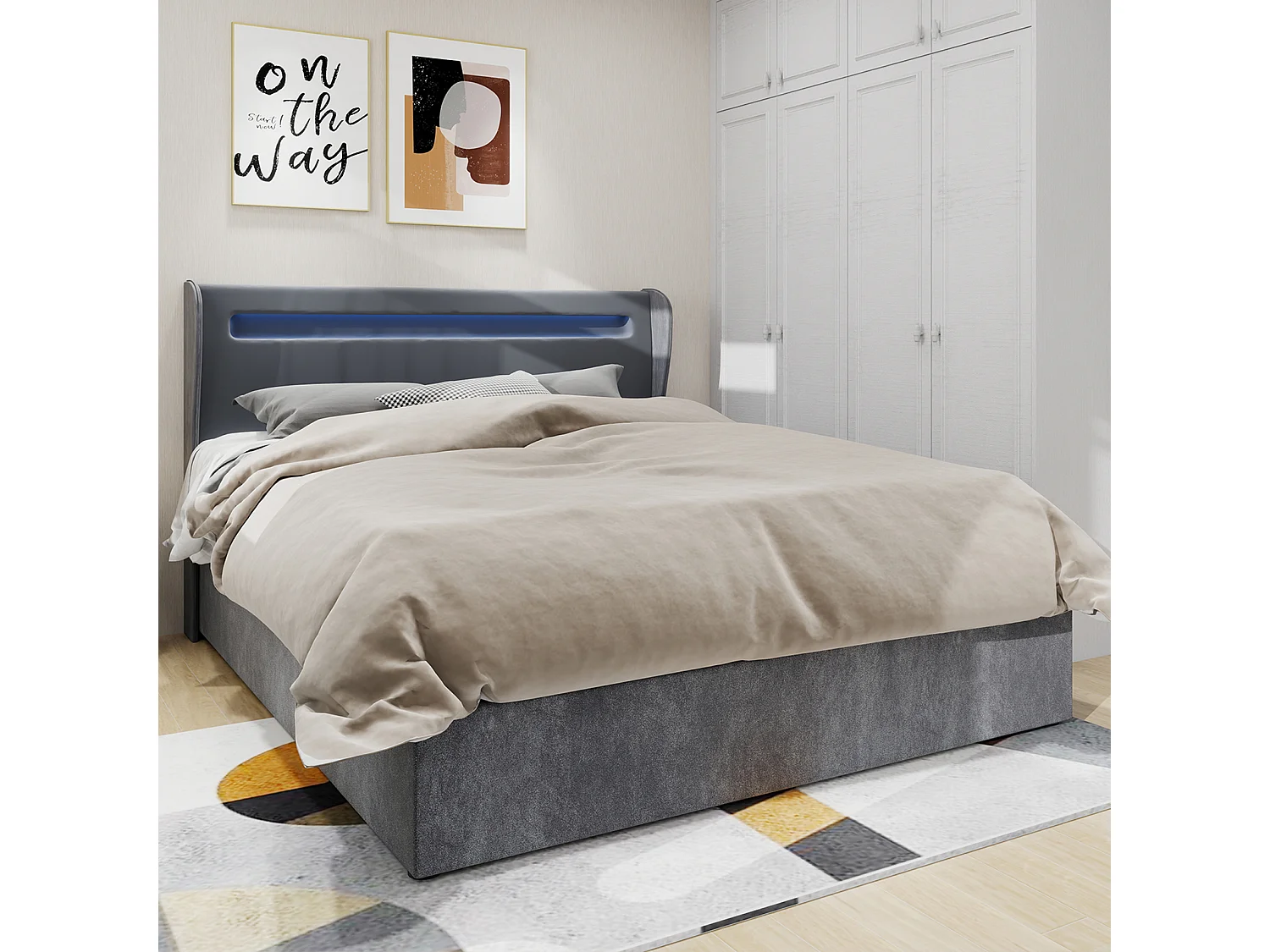 Lit coffre 140 x 200 cm - Lit adulte avec éclairage LED et sommier - velours gris - matelas non inclus