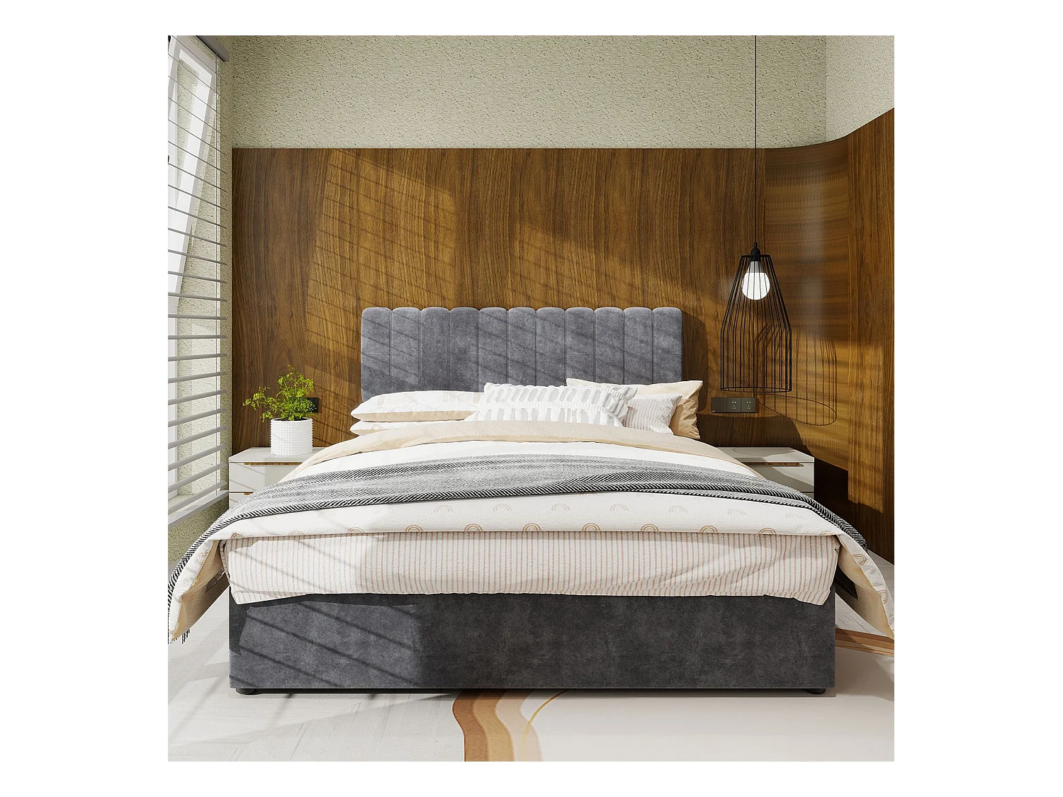 Lit adulte 140 x 200 cm - Lit avec tête de lit moelleuse et rangement - velours gris - matelas non inclus