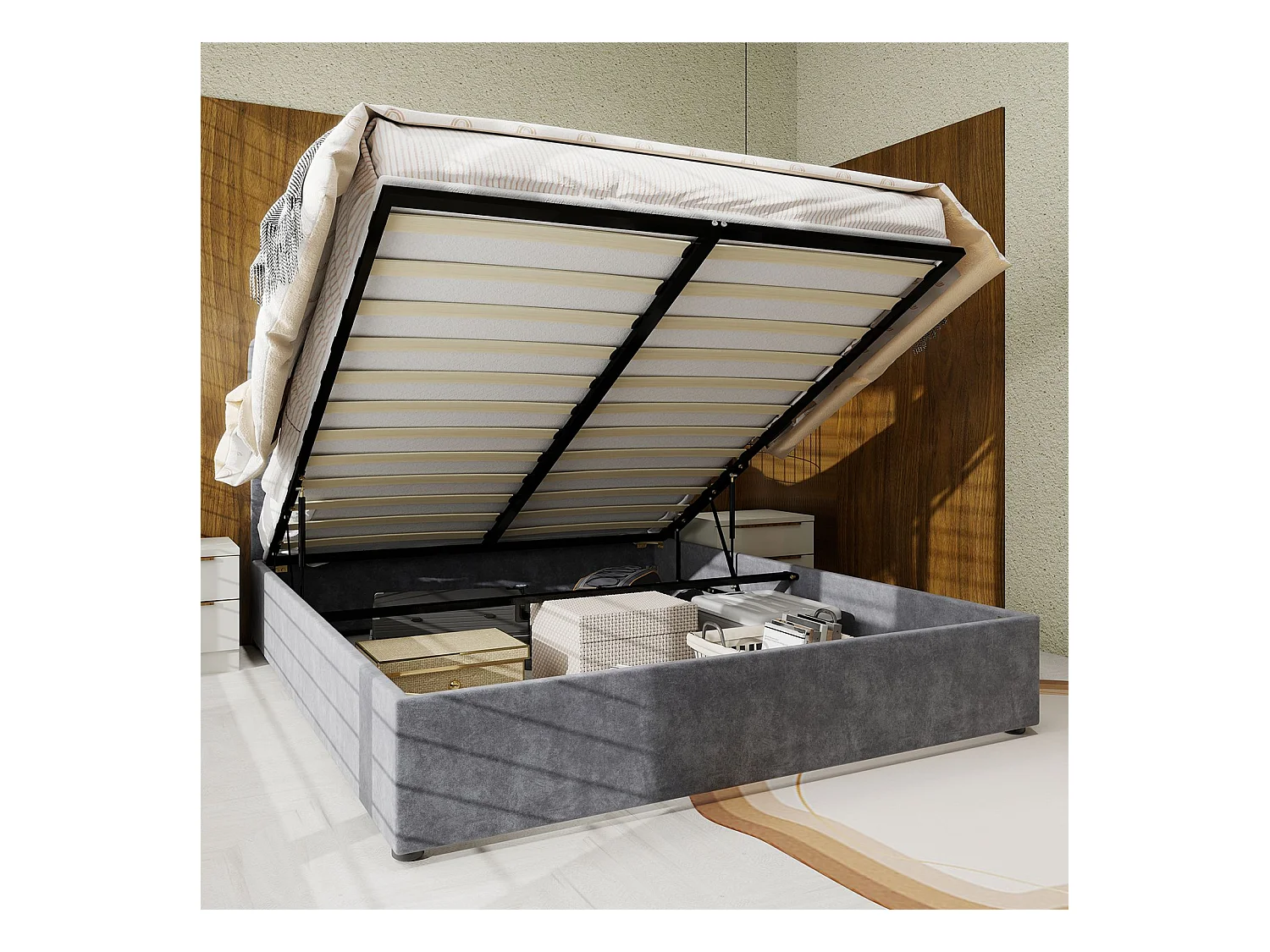 Lit adulte 140 x 200 cm - Lit avec tête de lit moelleuse et rangement - velours gris - matelas non inclus