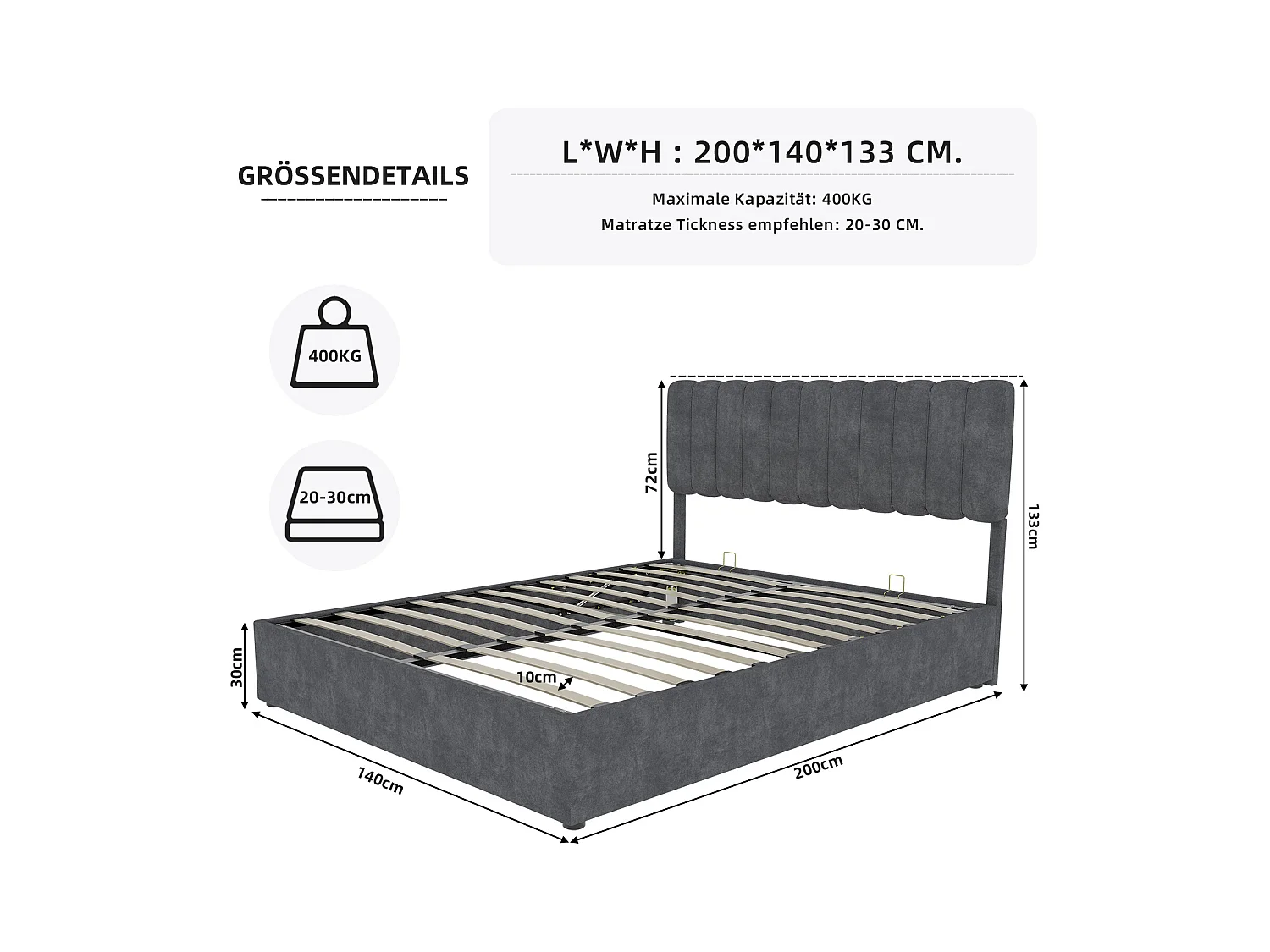 Lit adulte 140 x 200 cm - Lit avec tête de lit moelleuse et rangement - velours gris - matelas non inclus