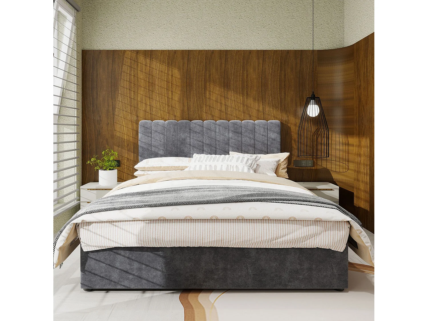 Lit adulte 140 x 200 cm - Lit avec tête de lit moelleuse et rangement - velours gris - matelas non inclus