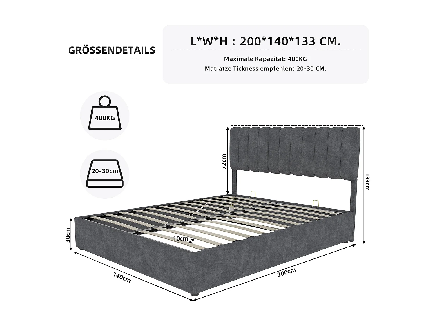 Lit adulte 140 x 200 cm - Lit avec tête de lit moelleuse et rangement - velours gris - matelas non inclus