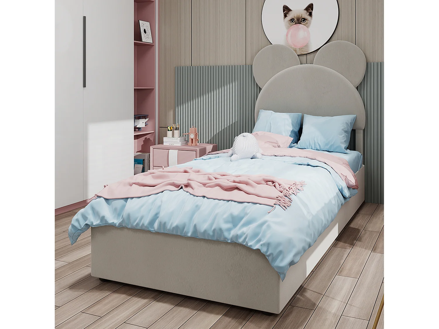 Lit coffre 140 x 200 cm - Lit enfant avec tête de lit en forme de dessin animé et sommier - velours beige - matelas non inclus