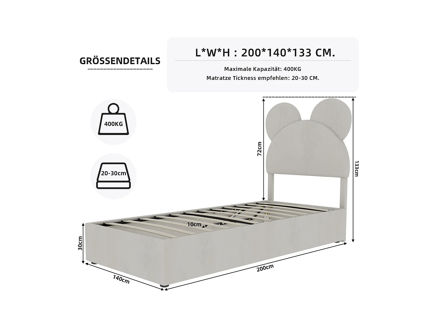Lit coffre 140 x 200 cm - Lit enfant avec tête de lit en forme de dessin animé et sommier - velours beige - matelas non inclus
