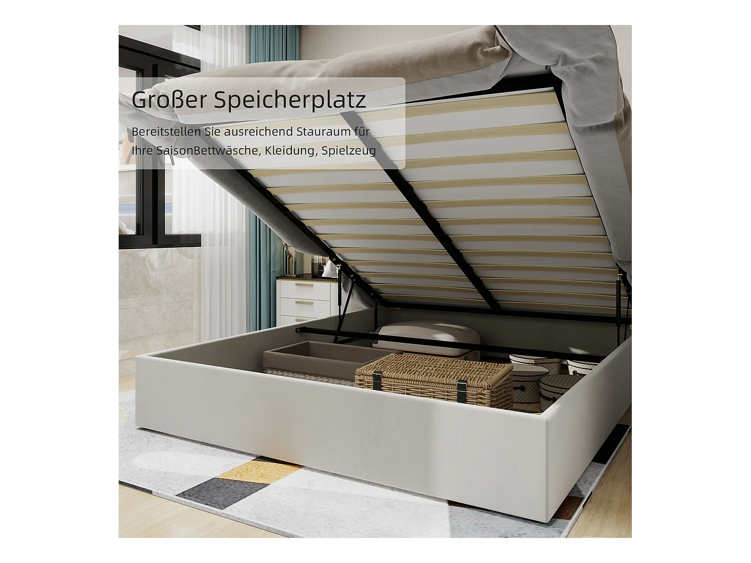 Lit coffre 140 x 200 cm - Lit enfant avec tête de lit en forme de dessin animé et sommier - velours beige - matelas non inclus