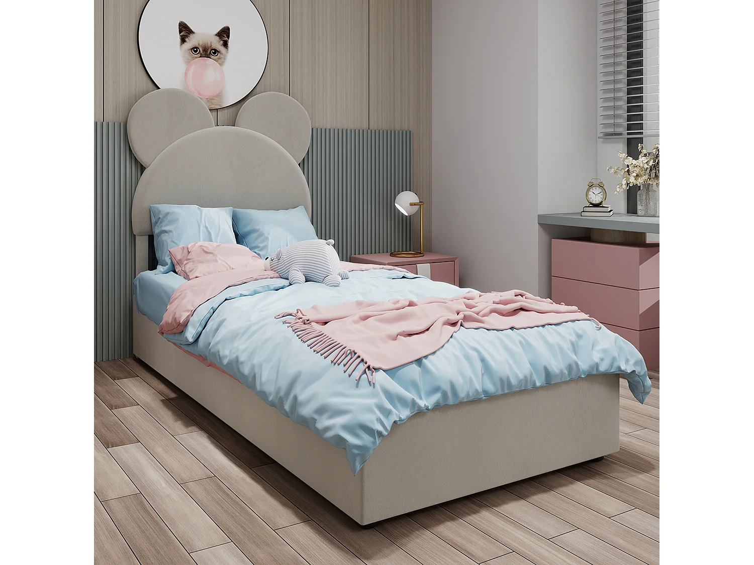 Cama com arrumação 140 x 200 cm - Cama de criança com cabeceira e base de desenho animado - veludo bege - colchão não incluído