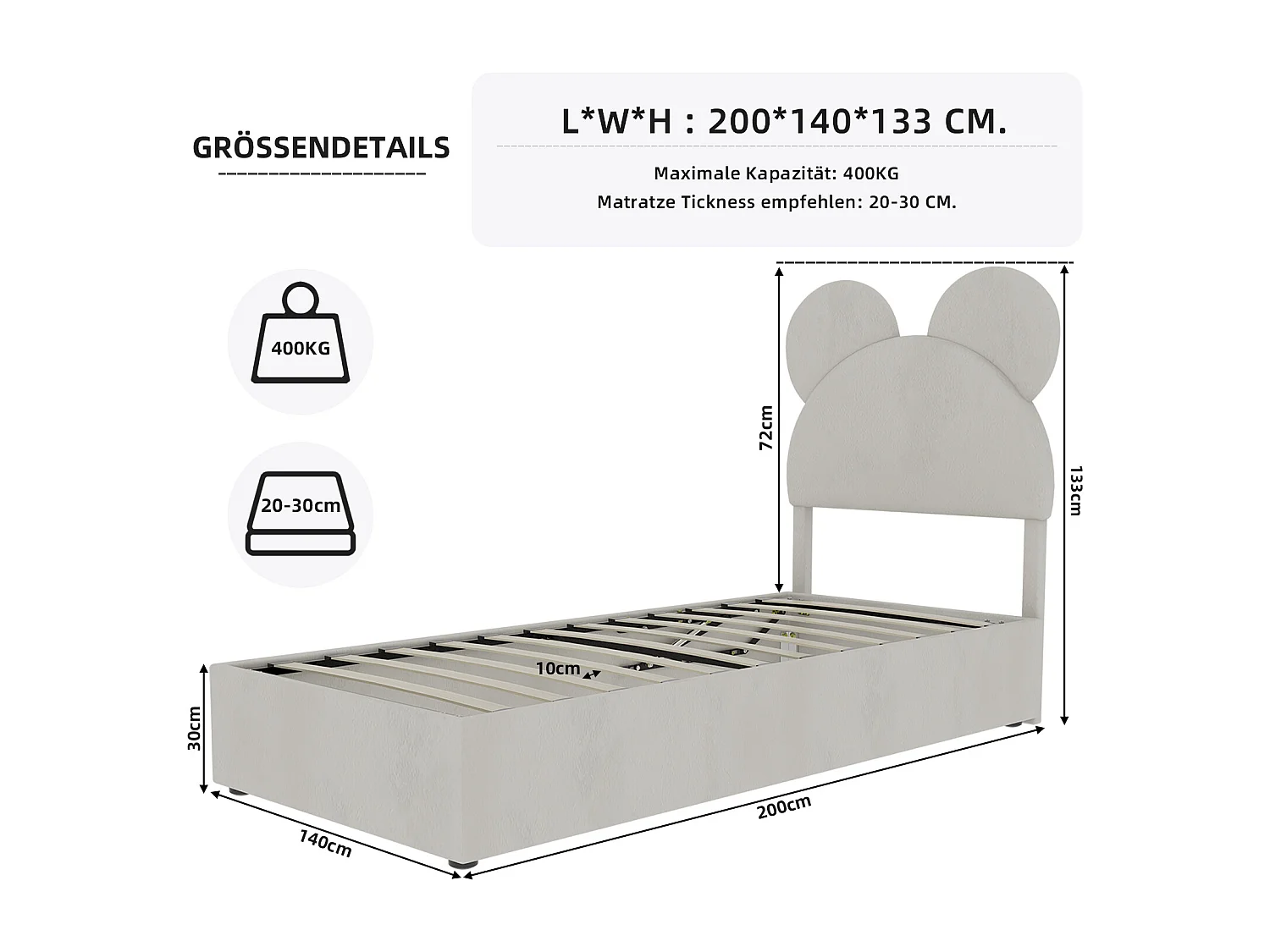 Cama com arrumação 140 x 200 cm - Cama de criança com cabeceira e base de desenho animado - veludo bege - colchão não incluído