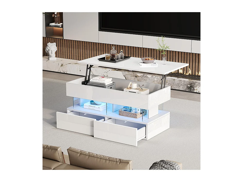 Table basse relevable plateau réglable rangement caché LED 2 tiroirs MDF verre trempé blanc