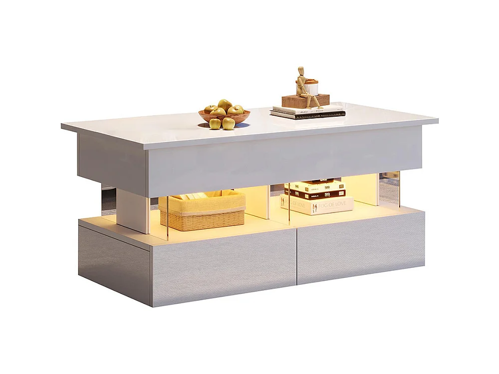 Table basse relevable plateau réglable rangement caché LED 2 tiroirs MDF verre trempé blanc