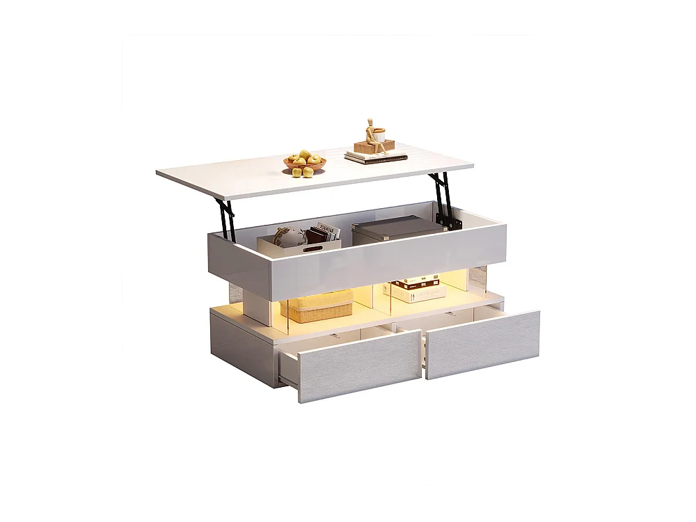 Table basse relevable plateau réglable rangement caché LED 2 tiroirs MDF verre trempé blanc