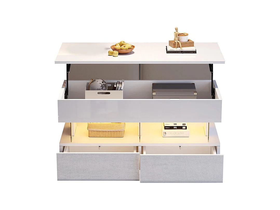 Table basse relevable plateau réglable rangement caché LED 2 tiroirs MDF verre trempé blanc