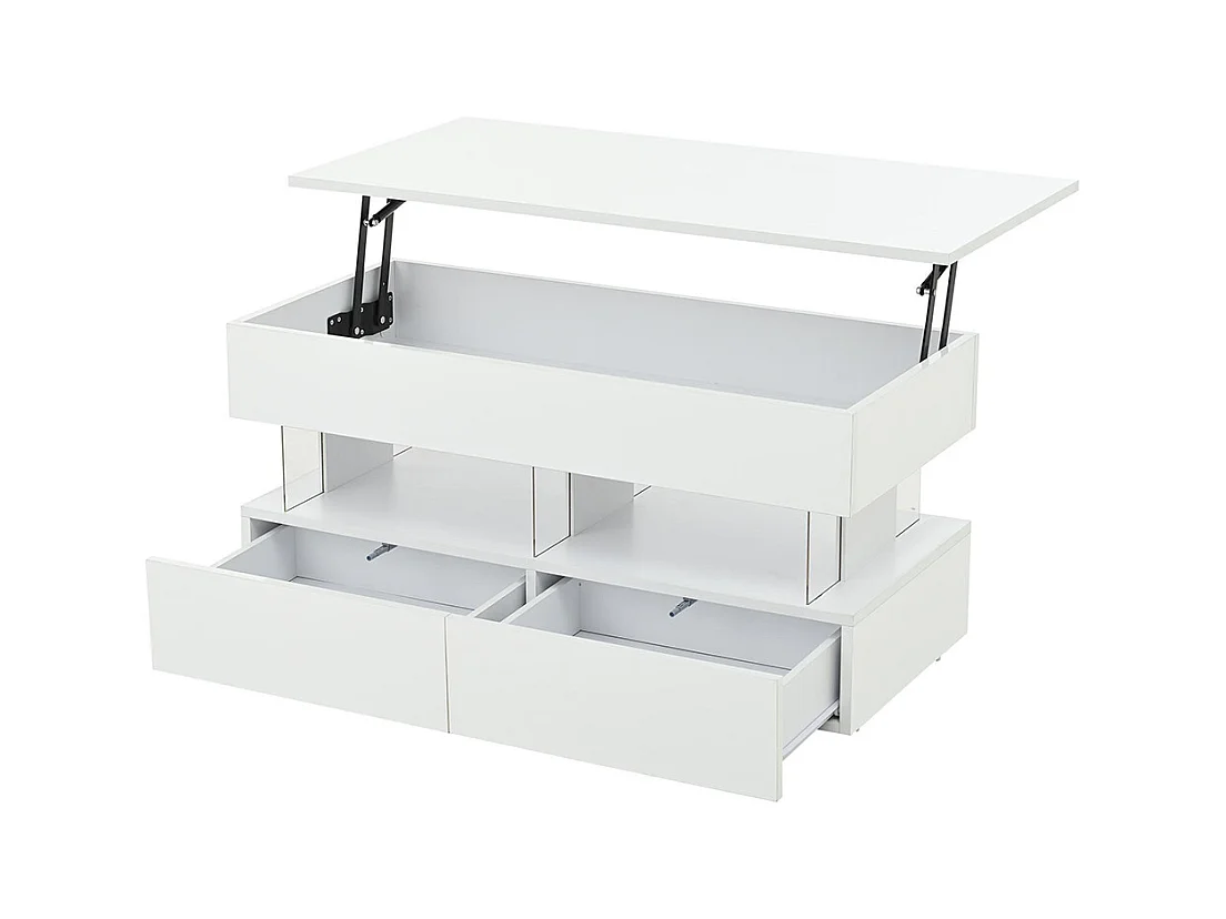 Table basse relevable plateau réglable rangement caché LED 2 tiroirs MDF verre trempé blanc