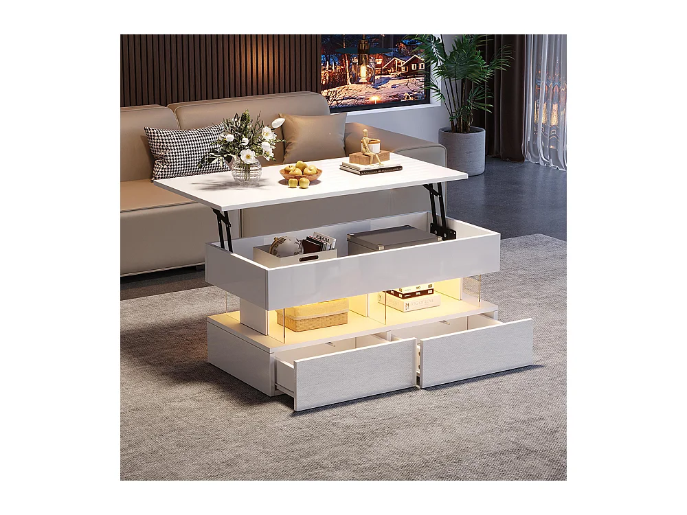 Table basse relevable plateau réglable rangement caché LED 2 tiroirs MDF verre trempé blanc
