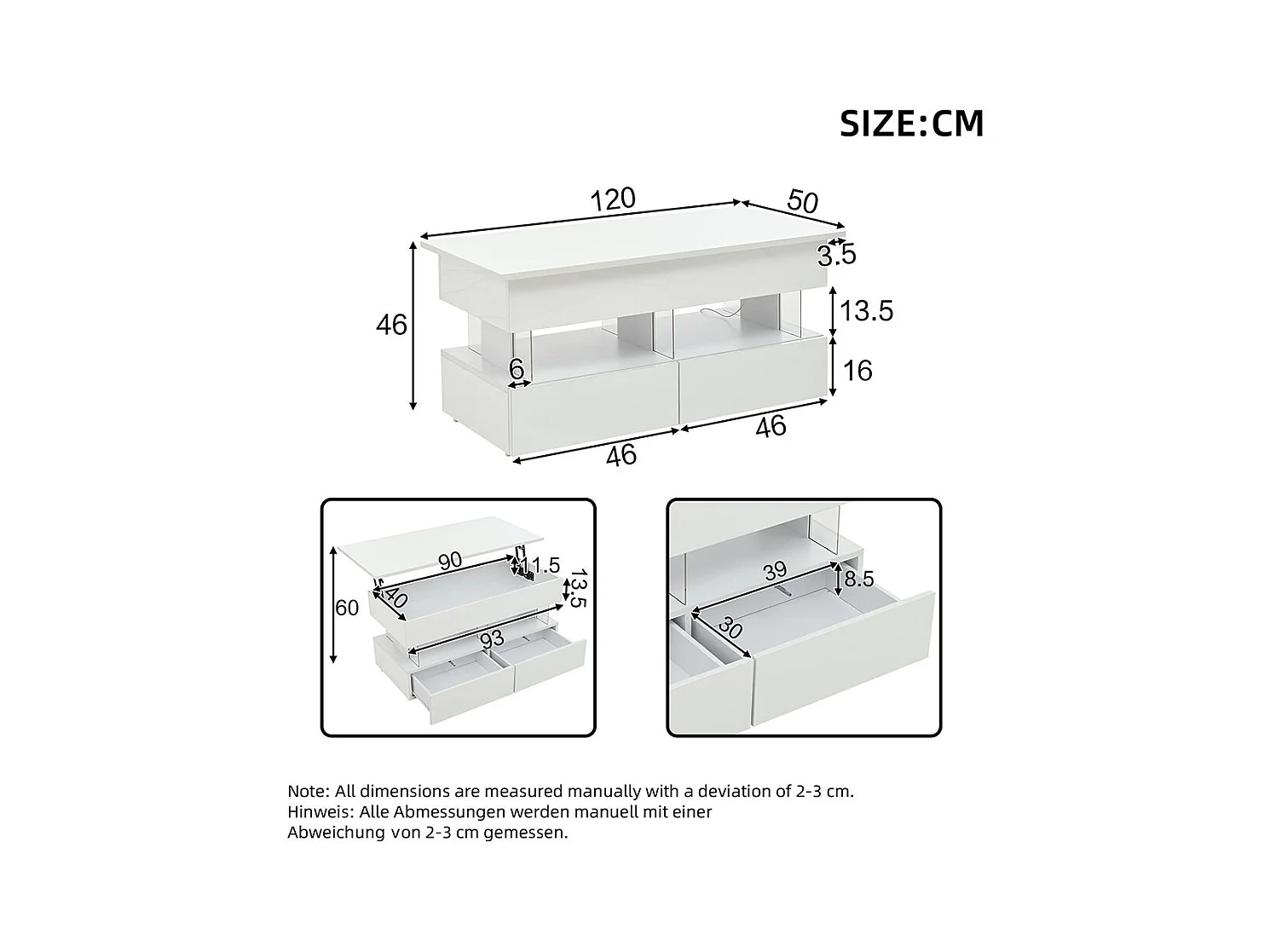 Table basse relevable plateau réglable rangement caché LED 2 tiroirs MDF verre trempé blanc